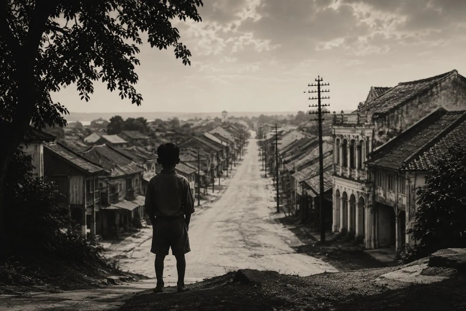 A boy stands at the crest of a quiet Alor Setar street at dusk, looking down rows of shophouses in the 1930s.